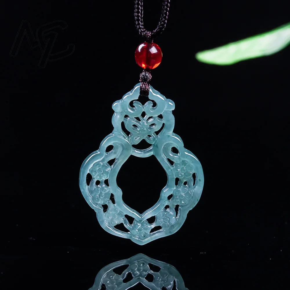Natural Burmese Emerald Jade Blue Water Double Sided Hollow Out Flower Pendant Jadeite Amulets Fashion Charm Jewelry Gifts