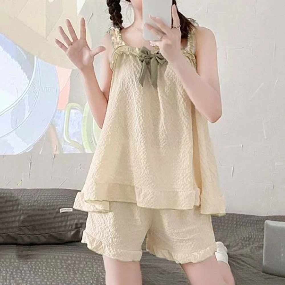 

Kawaiii женская пижама большого размера с квадратным вырезом, свободная одежда для сна из двух предметов с красивой спиной, домашняя одежда, тонкие шорты-канизоли для полных детей