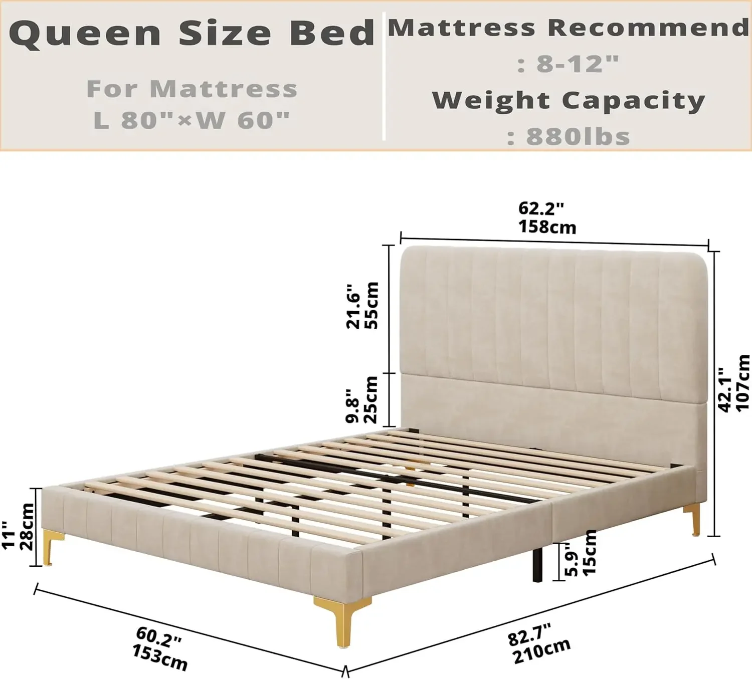 Upholstered Bed Frame Queen, Velvet Bed Frame Queen Size Bed Frame with Headboard, Bedframe Mattress Foundation