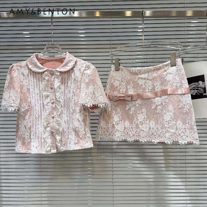 

Sweet Lace Hollow Out Women's Short-sleeved Shirt Top 2026 Summer New Sweet Cool Bow Versatile Mini Short Skirt Suits Ladies
