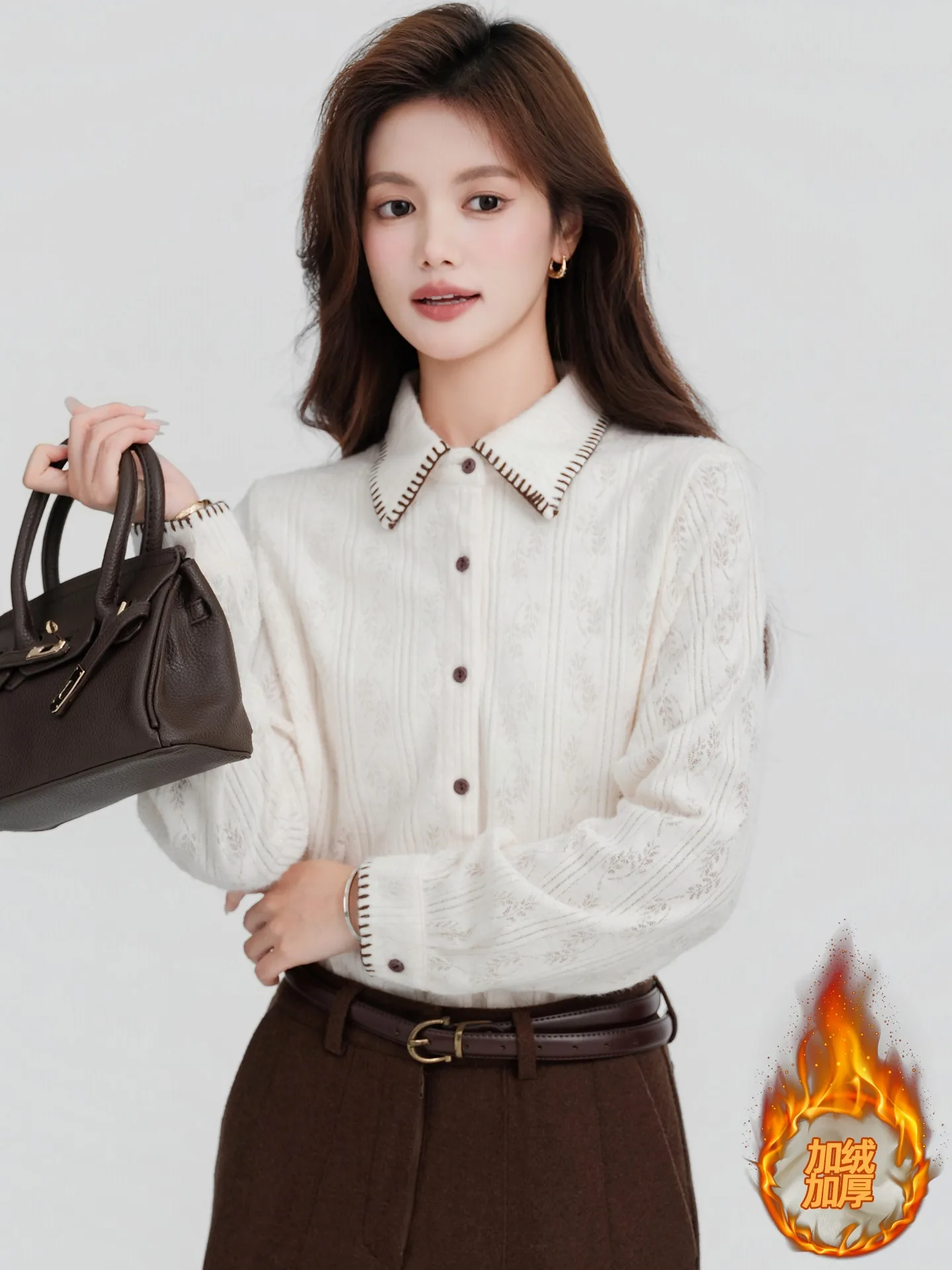 

Women's Fce Lined Thiened Lace irt Base Layer Top 2025 New Autumn Winter Inner Wear Collar Button down Regular Fit