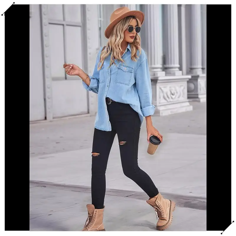 

Women Button Down Denim Shirts Casual Long Sleeve V Neck Chambray Blouse Top