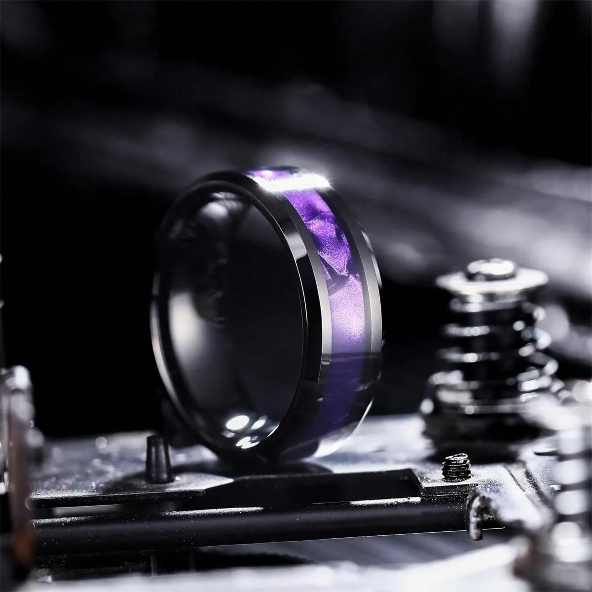 Fashion 8mm Black Stainless Steel Rings for Men Women Inlay Purple Shell High Polished Men Promise Rings Wedding Party Jewelry