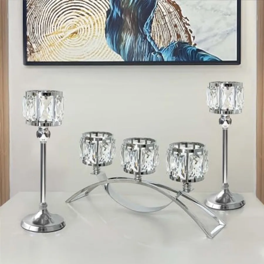 

3 Arms Crystal Bowl Tealight Candelabra Votive Candle Stand, Wedding centerpieces for Tables Crystal Candlestick Centerpiece Ta