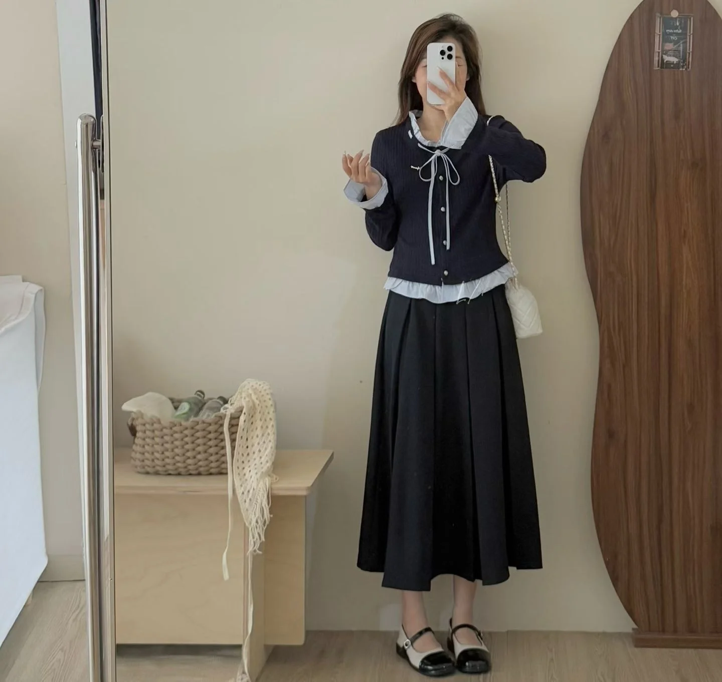 

Blue Chapter Short Knitted Sweater Top Color Block Pleated Skirt Two Piece Set Long Sleeve round Neck Button up