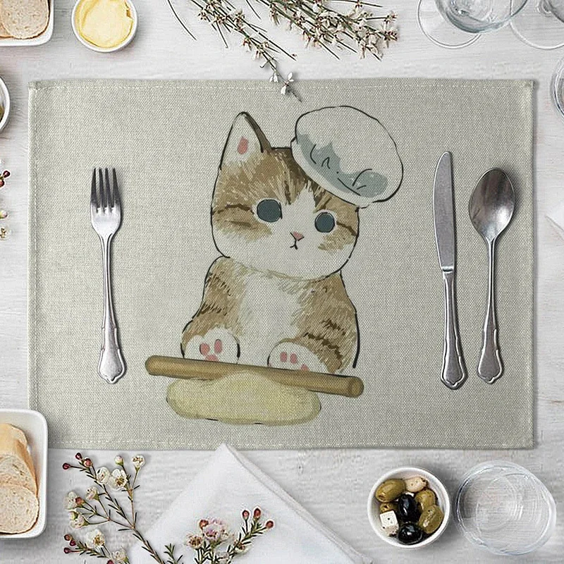 1 Pcs Cute Funny Cat Pattern Kitchen Placemat Dining Table Mats Drink Coasters Western Pad Cotton Linen Cup Mat Table Dining