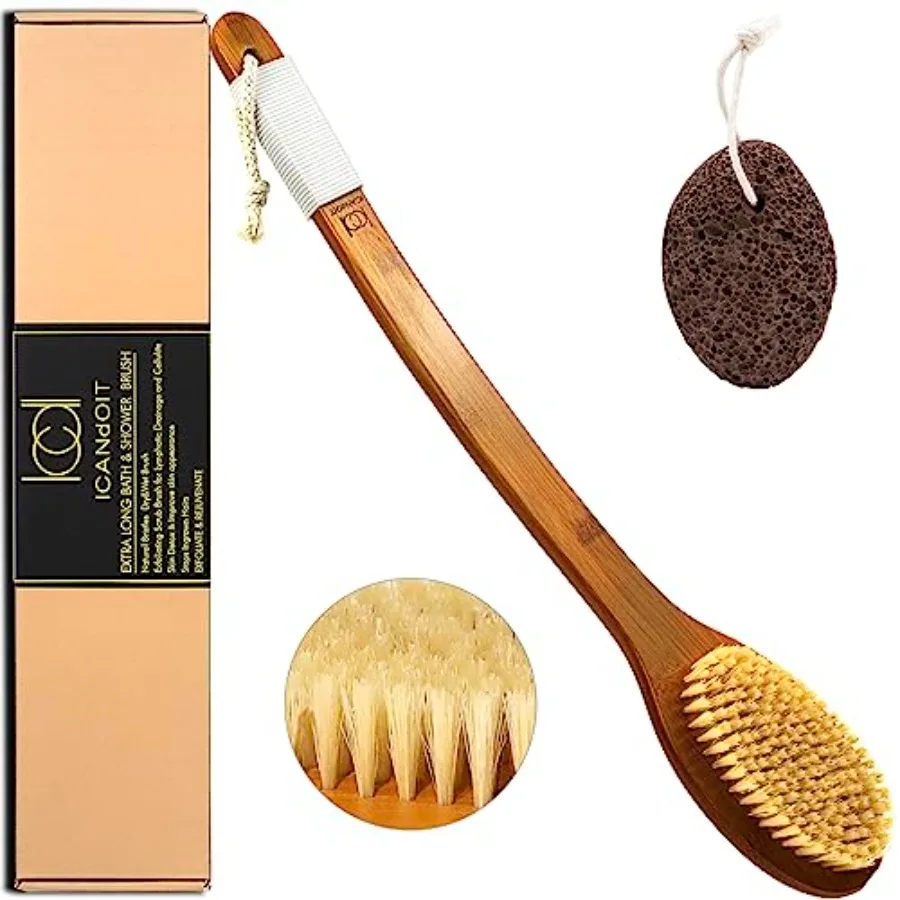 

ICANdOIT-19.68Inch Natural Boar Bristles Anti-Slip Extra Long Handle Bath BrushBent Handle Shower Scrubber for Exfoliating Show
