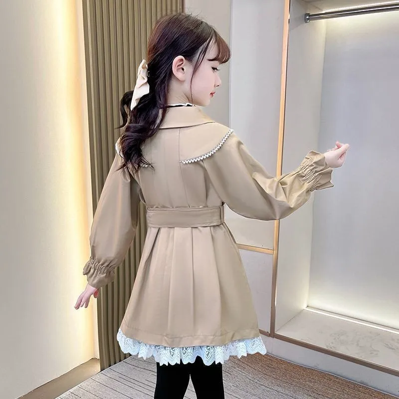 Long Trench Coats Fashion England Style Windbreaker Jacket 3-12 Y Girls Spring Autumn New Kids Lace Lower Hem Casual Clothing