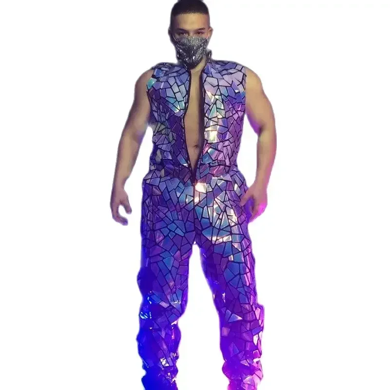 Odblaskowy kombinezon bez rękawów z laserowymi cekinami, lustrzane ogrodniczki, kostium sceniczny dla mężczyzn, piosenkarzy, do baru, klubu nocnego, hip hopu, rocka, tańca, dla zespołów.