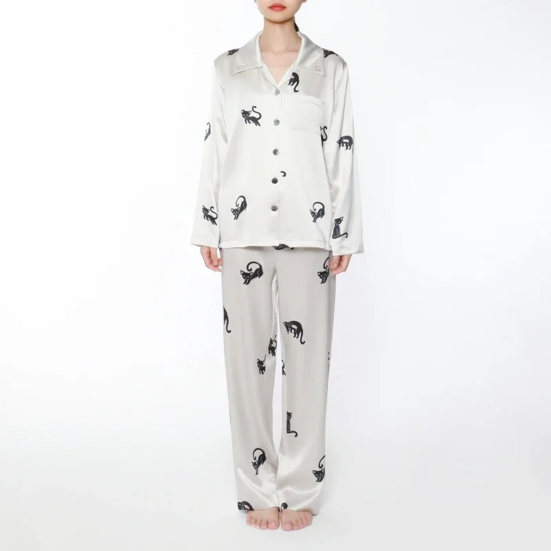 100 Mulberry Silk Long-sleeved Pajamas White Cat Print Pajamas Women 22MM Heavy Silk Satin Pajama Couple Sleepwear Birthday Gift