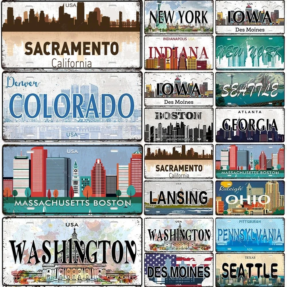 Vintage Country Metallschilder Poster Lizenzplatte Dekor für Wohnzimmer Colorado Lansing Nevada Ohio Washington Plakette