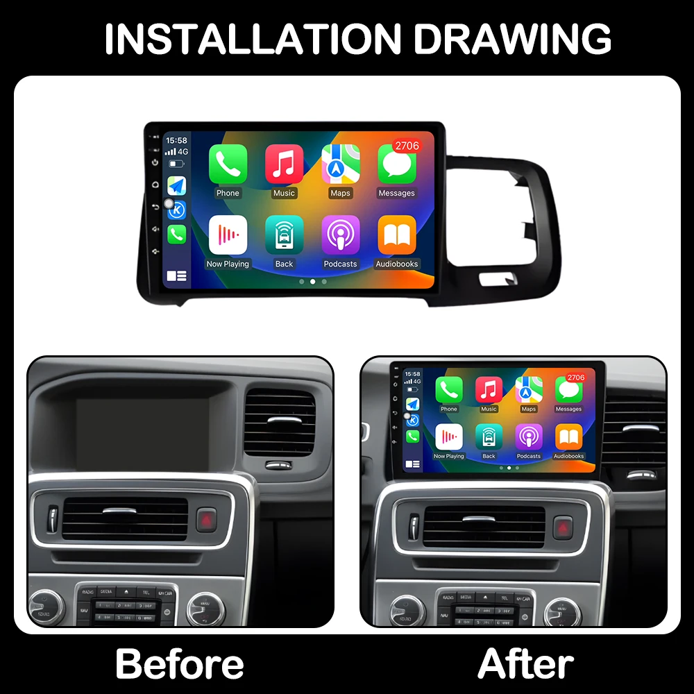 For Volvo S60 V60 2008 - 2013 2014 - 2019 Car Radio Multimedia Player Android Auto Wireless CarPlay GPS Navigation Autoradio