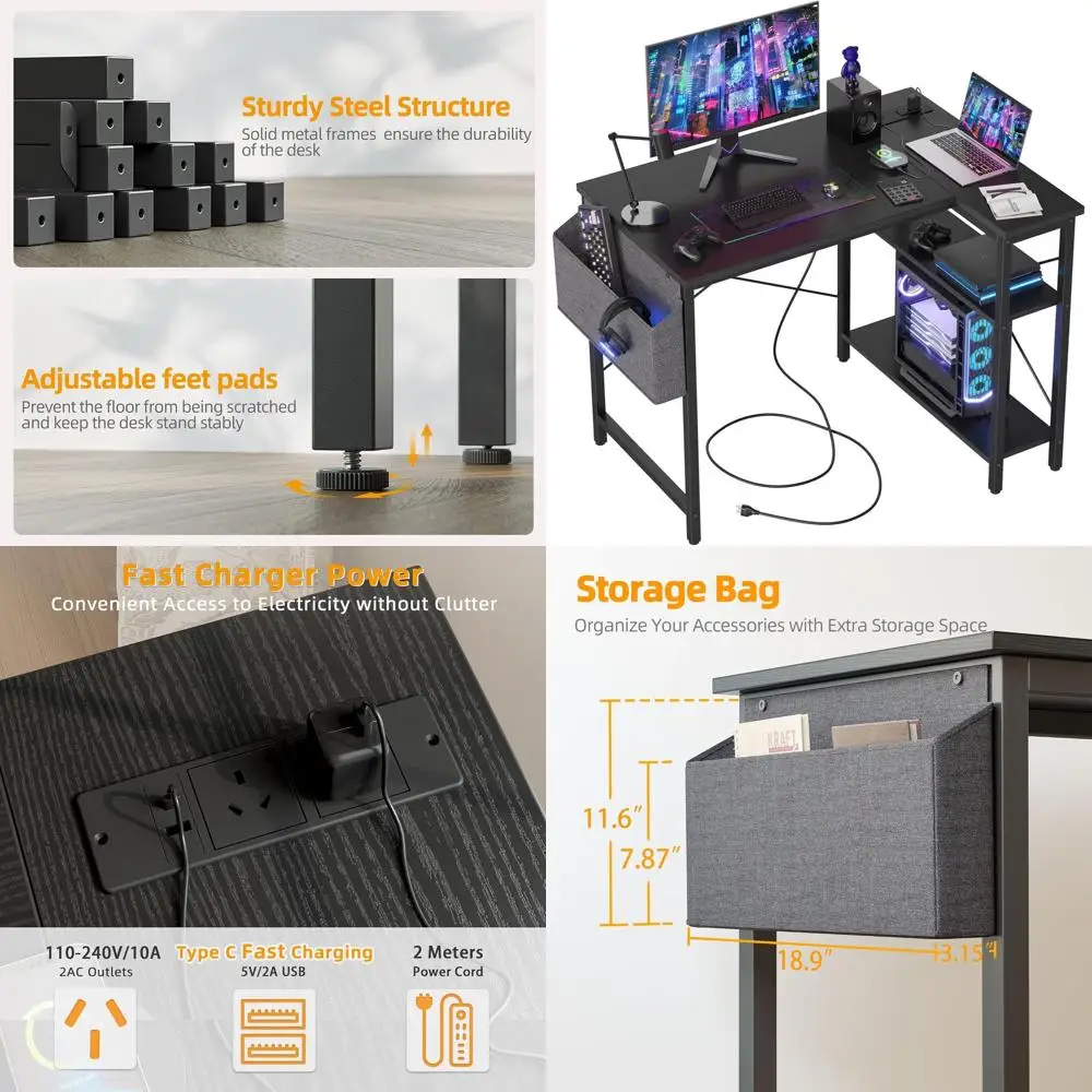 مكتب ألعاب مدمج على شكل حرف L مع منافذ، أرفف قابلة للعكس، 40 أسود للاستخدام في المكاتب المنزلية #1