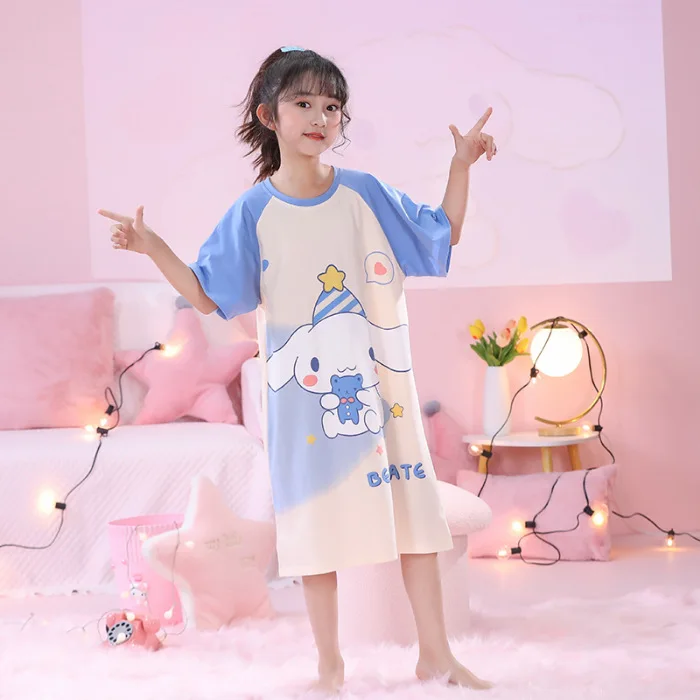 Sanrios Anime Cinna moroll Kuromi Cartoon süße Kinder Sommer Kurzarm Pyjama Rock Mädchen Baumwolle Home Kleidung Kleid Nachthemd