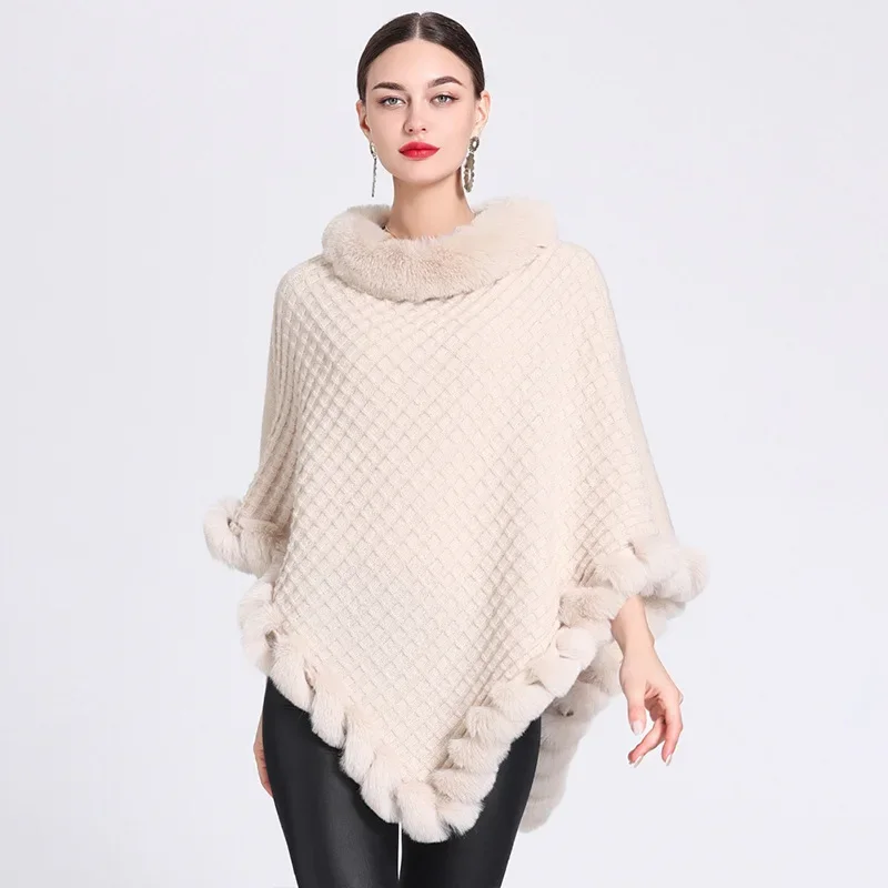 5 Colors New Loose Streetwear Poncho Cloak Winter Plaid Warm O Neck String Faux Rabbit Fur Women Pullover Cape Shawl Coat