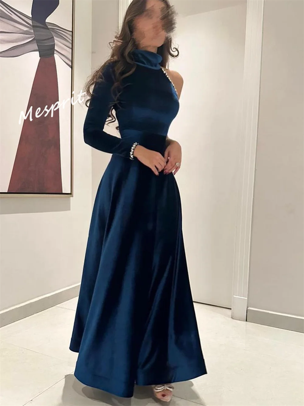 Um ombro-A-Line Prom Dress, vestido até o chão, strass Velour, personalizado, de alta qualidade