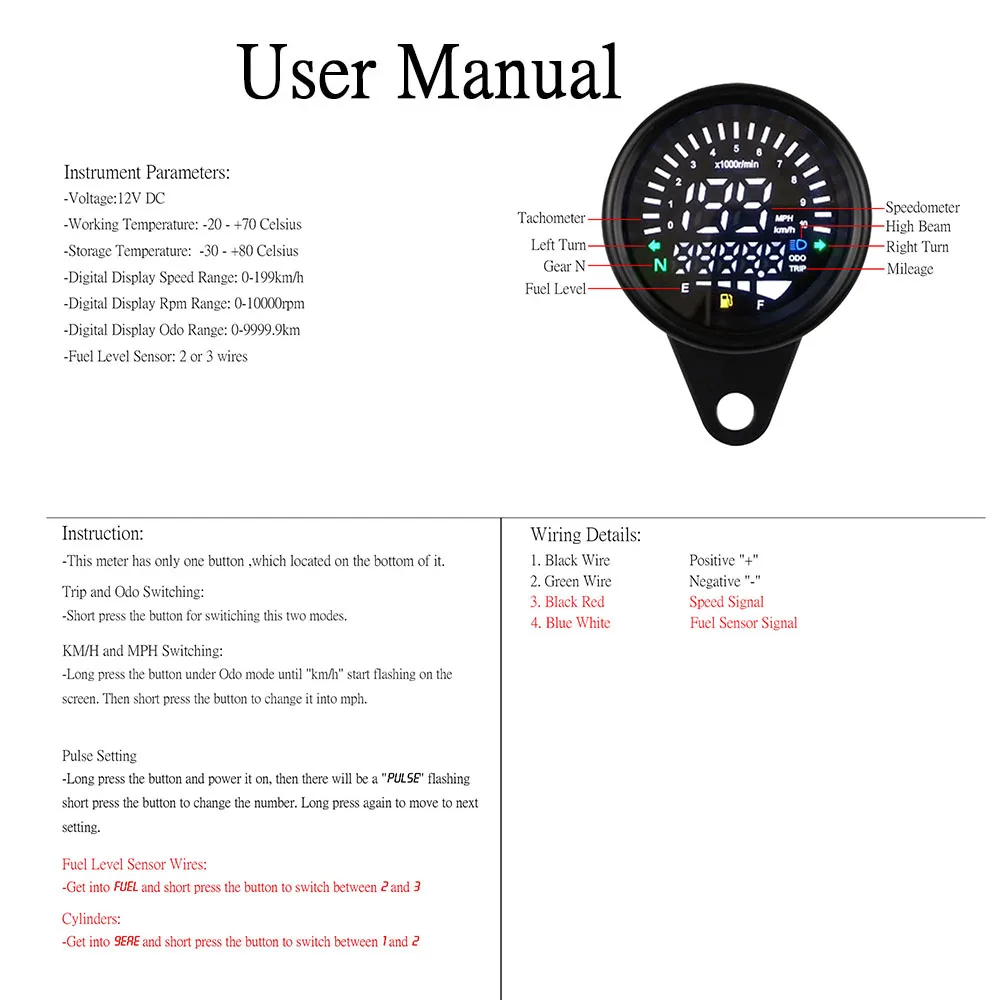 Torvian Universal Motorcycle Digital Speedometer Tachometer Odometer KM/H MPH LCD Gauge Fuel Level Meter Speedo For Motorbike view 6