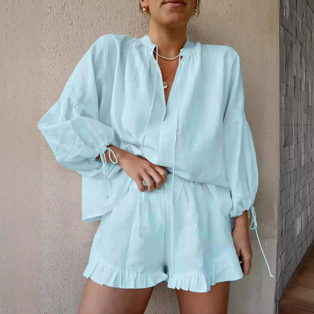 White Women\'s Summer Suit with Shorts Cotton Loose Shirt Casual Two Piece Set Women Long Sleeve Top Muslin Suit for Women