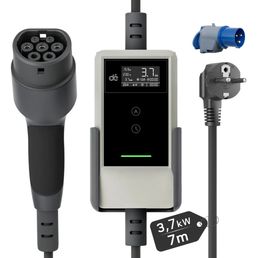 dé Chargeur EV Portable de Type 2, 3.7kW, 16a, monophasé, blanc, 7m, 10m, câble de chargement pour véhicule électrique, Installation domestique