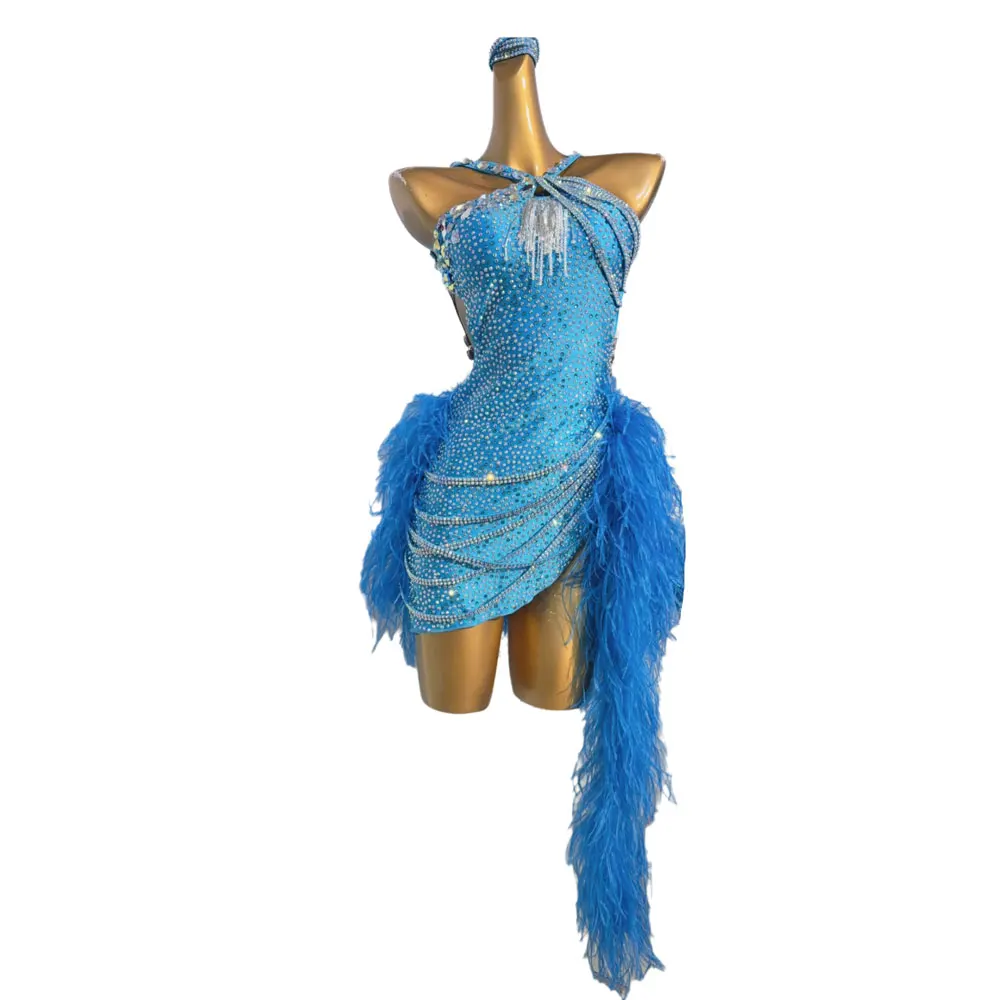

Женский элитный костюм для латинских танцев со стразами, синий пушистый хвост на заказ, супер вспышка, цветочный костюм, платье для выступлений танго самбы