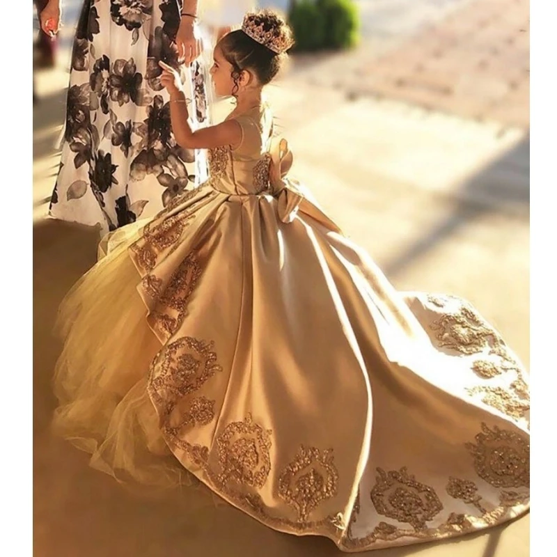 Vestidos florais dourados com grande arco, cetim, tule, flores padrão, sem mangas, casamento, festa de aniversário, banquete, vestidos de princesa