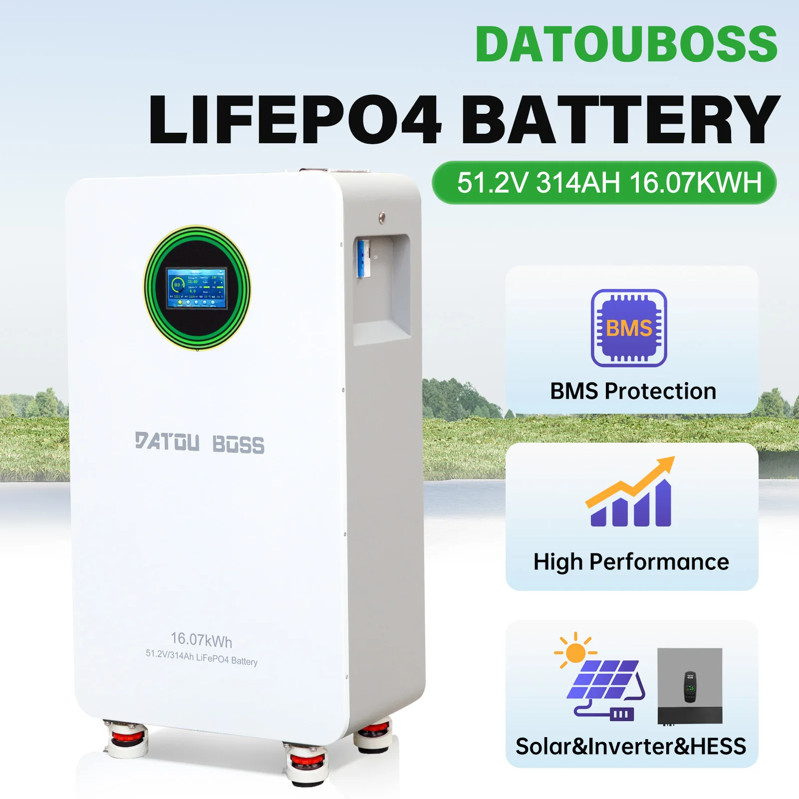 Batería DatoBoss LiFePO4 51.2V 314Ah 16.07kWh con Protección BMS, Almacenamiento de Energía Solar para Inversor Híbrido Fuera de Red, Powerwall