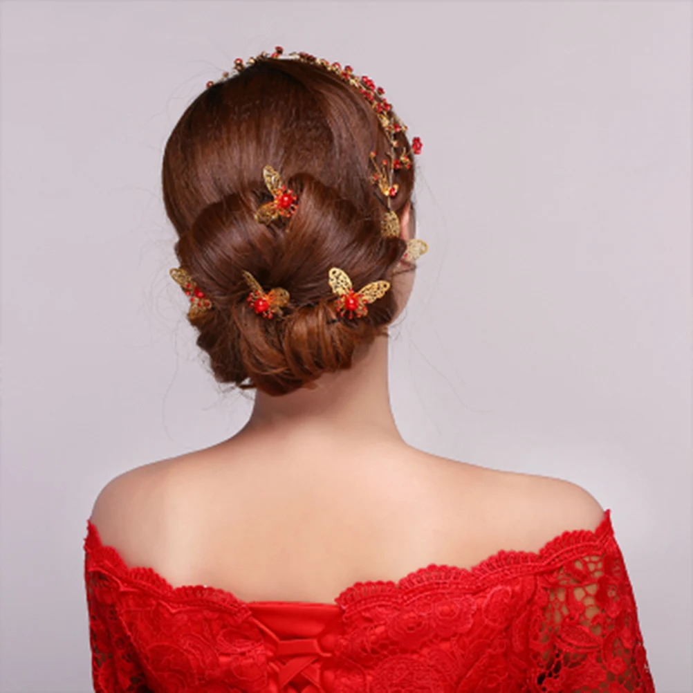 

6pcs U Shaped Hairpins Alloy Vintage Butterfly Pearl Rhinestone Inlaid Hair Sticks For Women Bridal Hairpin Updo Hair