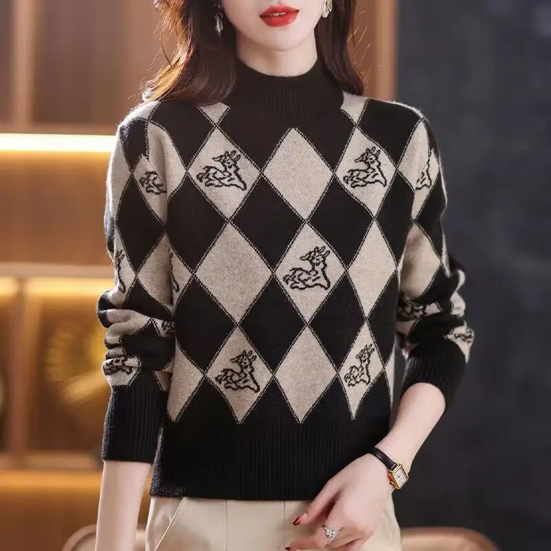 Vintage Women Half High Neck Plaid Sweater Autumn Winter Simple Jacquard Long Sleeve Korean Fashion Casual Knit Pullovers Tops