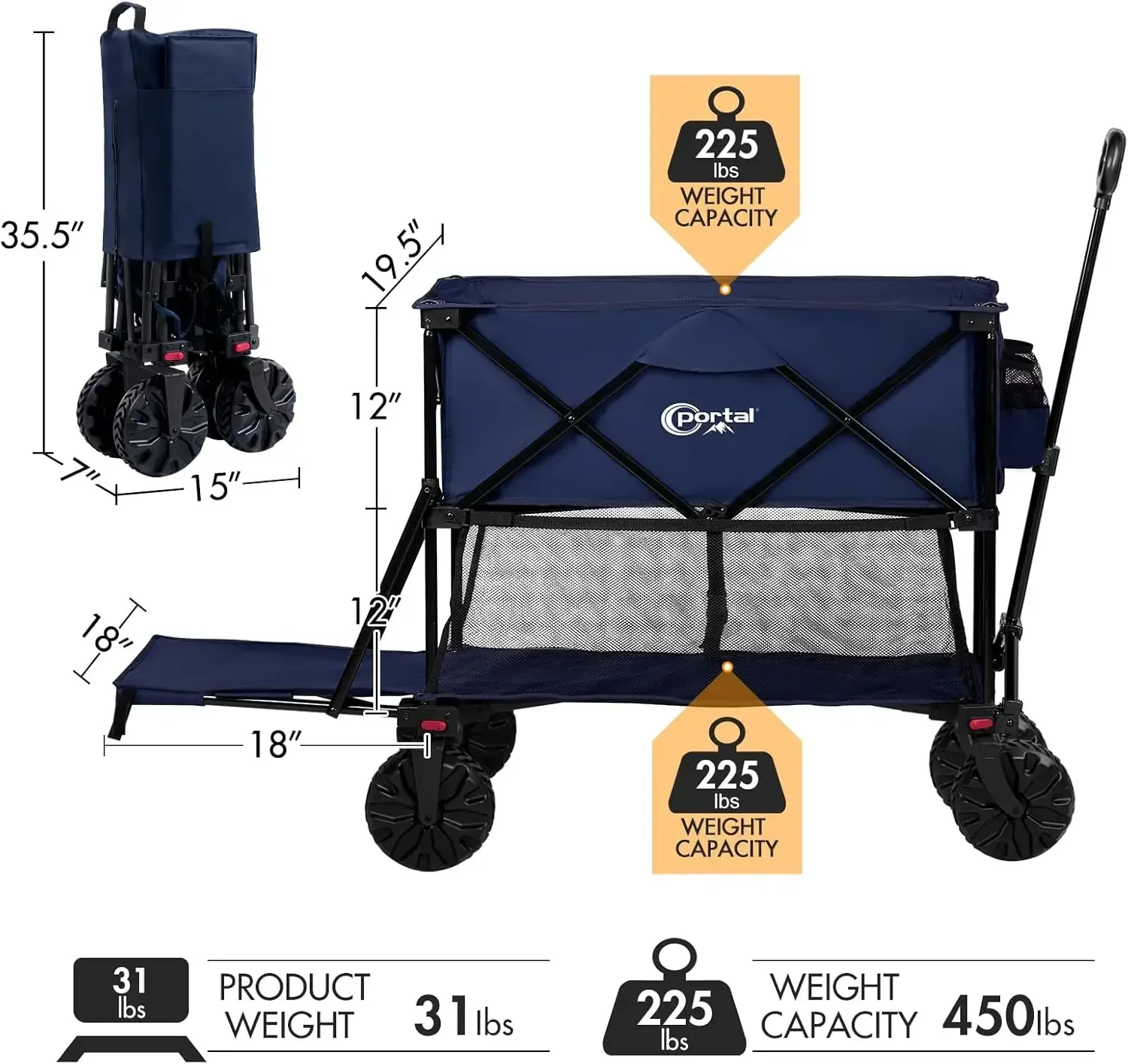 Collapsible Double Decker Wagon, Folding Wagon Cart with Tailgate, Beach Wagon with Big Wheels