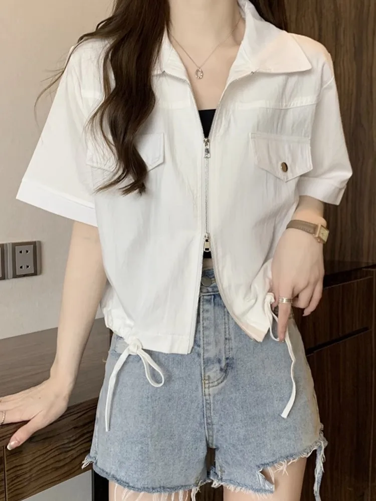 

ort Sve irt Женский летний свободный дизайн для похудения с двойной молнией в Корейском стиле Sle Commute Faion Малый размер Sweet Cool S...