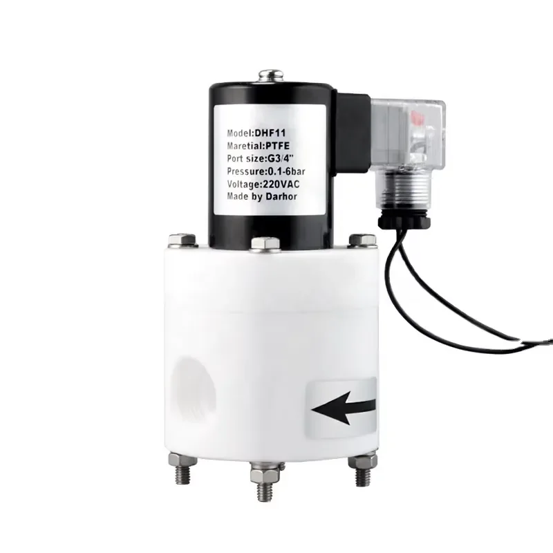 Darhor 24V 220V Chemical PTFE Solenoid Valves Surfuric Acid Anti-corrosive Aqua Regia Alkali Resistance Antiseptic