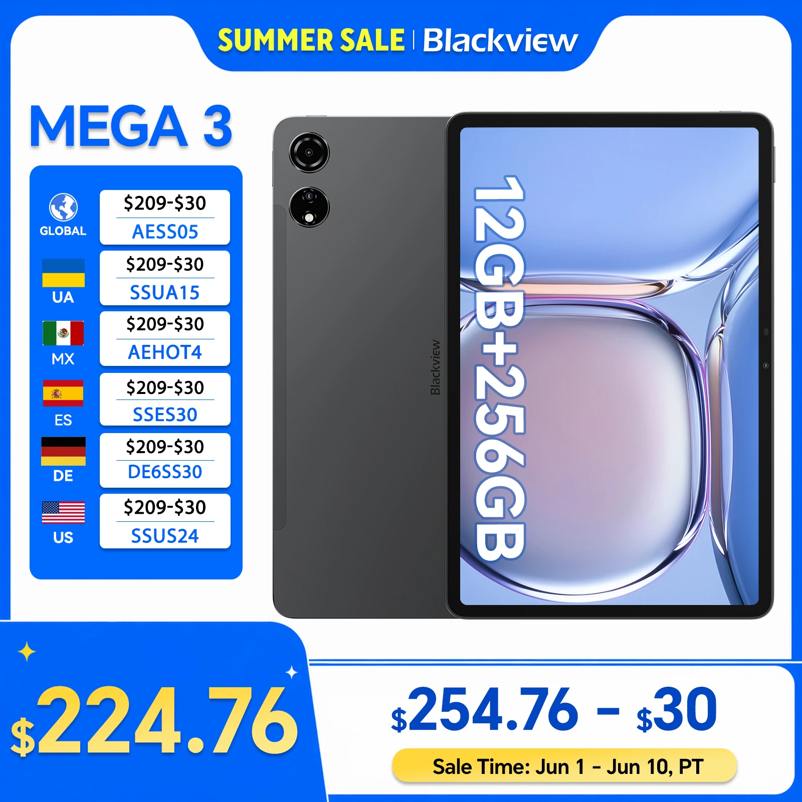 Blackview MEGA 3 Tablet PC 12.1" 2.5K FHD+ Display MTK G100 Octa core 12GB 256GB 8800mAh 50MP Camera 33W Charger Android 15 Pad