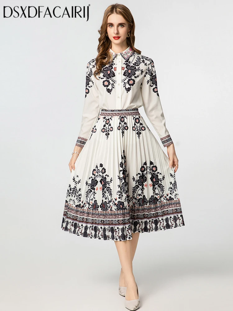 

DSFACAIRIJ Women Diamonds Turn-down Collar Long Sleeve Single-Breasted Tops + Elastic waist Pleated Skirt Vintage Two-Piece Set
