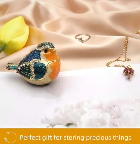Ornate Enamel Robin Figurine With Rhinestone Detailing, Hinged Trinket Box For Ring And Earring Storage, Decorative Home - view 6