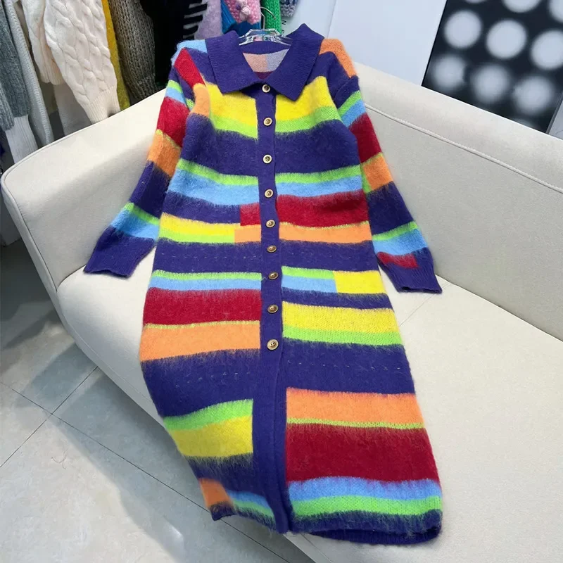 Women Candy Contrast Color X-Long Rainbow Striped Sweater Coat Vintage Stripes Knitted Cardigan Single Breasted Sueter Knitwear