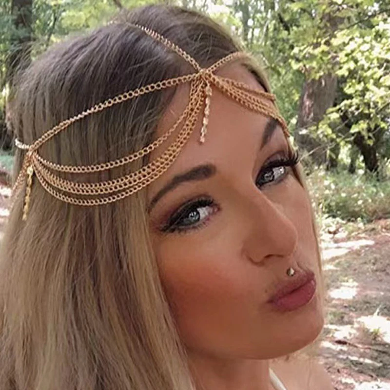 Gold Color Metal Multilayer Tassels Headband Shiny Crystal Forehead Headpiece For Women Wedding Party Hair Jewelry view 2