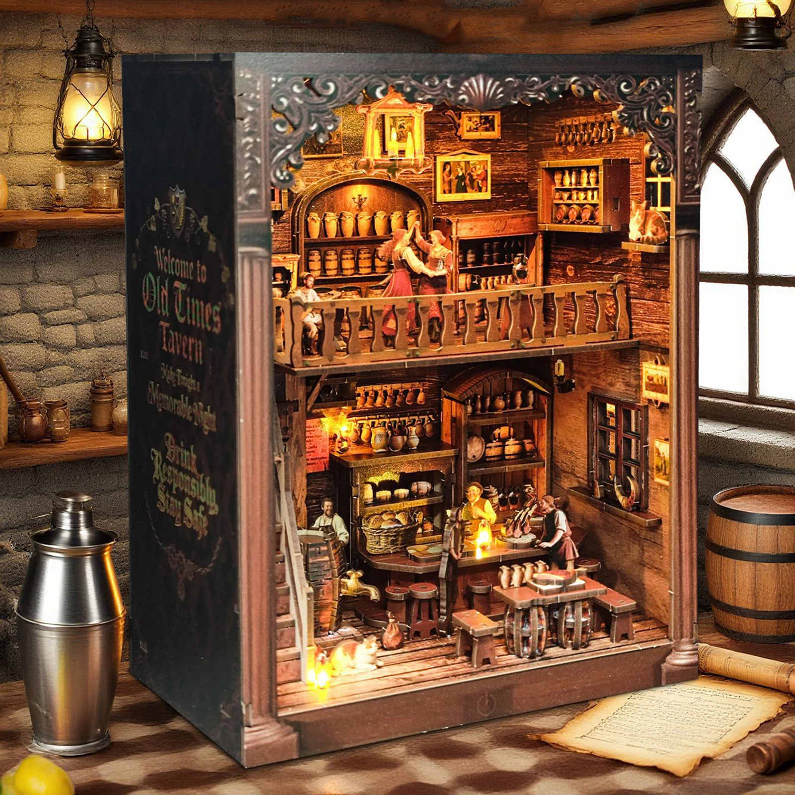 DIY Holz Old Times Tavern Buchecke Regaleinsatz Kits Miniaturmodellbausatz mit leichter Buchstütze für Freunde Geburtstagsgeschenke