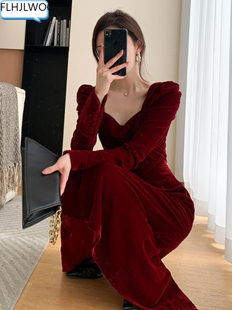 2022 New Chic Elegant Annual Meeting Red Dress Fashion Women Fashion Solid Square Neck French DesignLong Velvet Dresses Vestidos