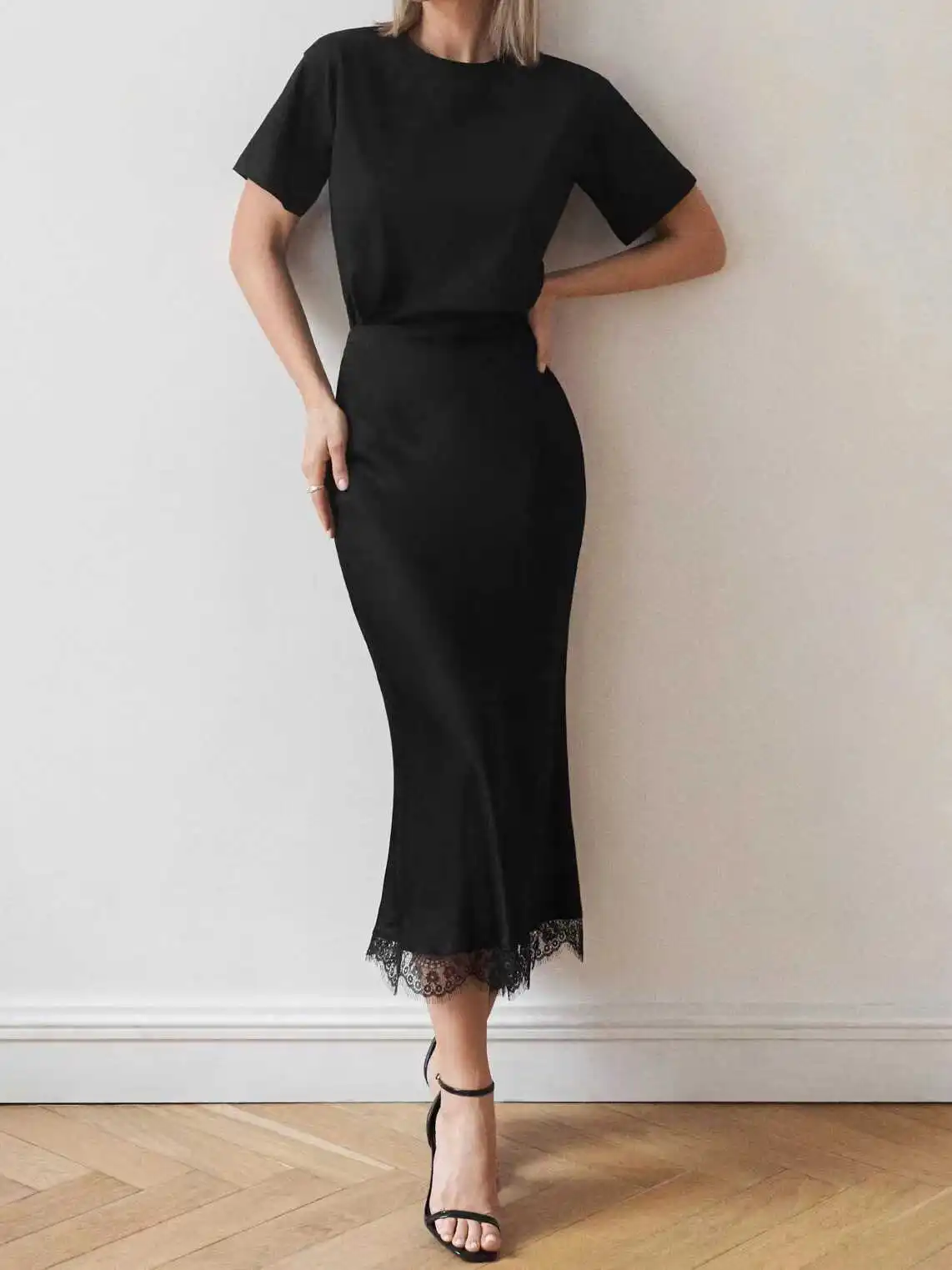 

Faionable High Waist Bla Fi Tail Lace Skirt Midi Skirt Ele Chic Women's Clothing Spring Season Pure Color Skirt