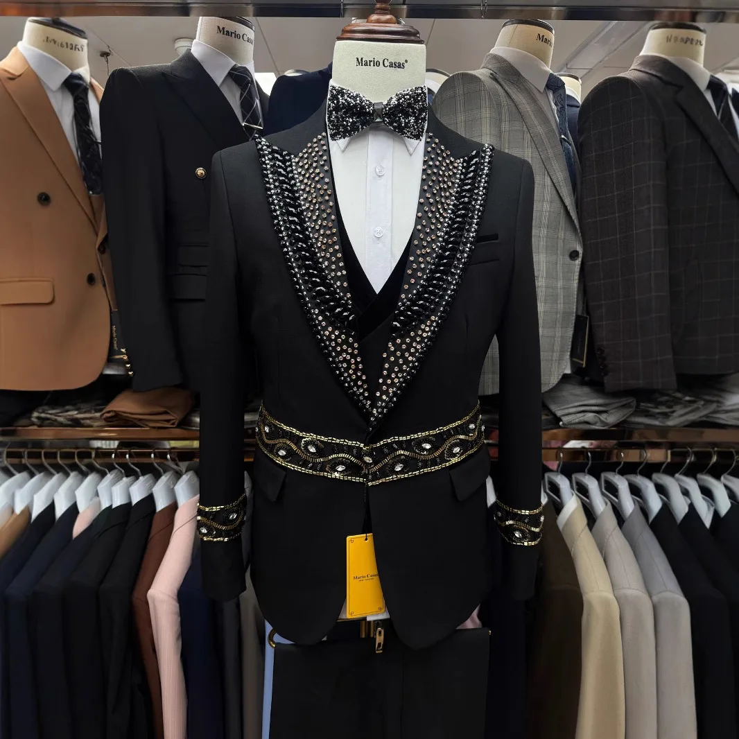 

2005High-End 2025 Cross-Border Foreign Trade Hot Drilling Men's Wedding Casual Host Suit Three-piece Set 3Pc in XS-6XL