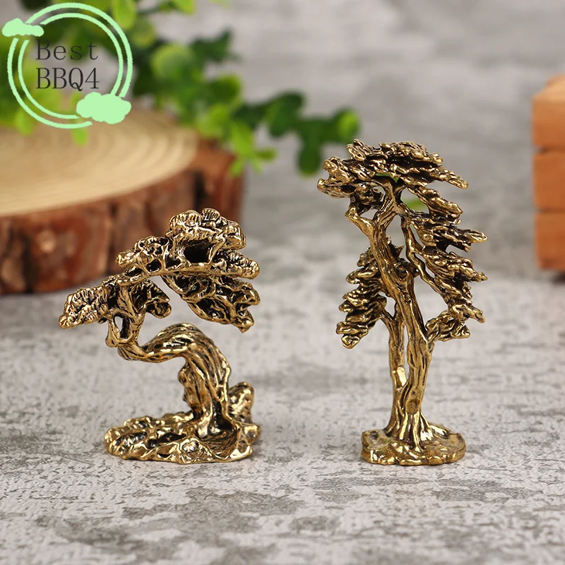 (BBQ4) 1Pc Brass Mini Welcome Pine Figurine Tree Miniature Landscape Small Bonsai Tree Statues Decorations Accessories