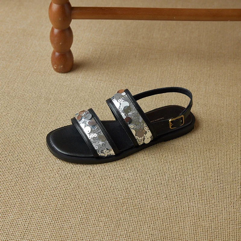 

Новинка 2023 года, летние женские сандалии из натуральной кожи, 22-25 см, микрофибра + ткань с блестками + свиная кожа, женская обувь, модные туфли-лодочки с ремешком сзади