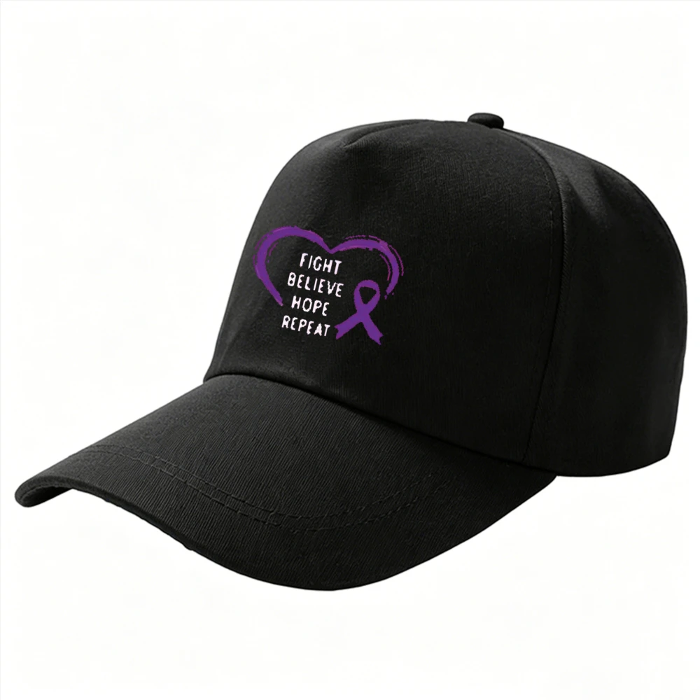 Purple Ribbon Fight Believe Hope Repeat Heart Graphic Baseball Cap Awareness Support Print Unisex Adjustable Casual Dad Hat