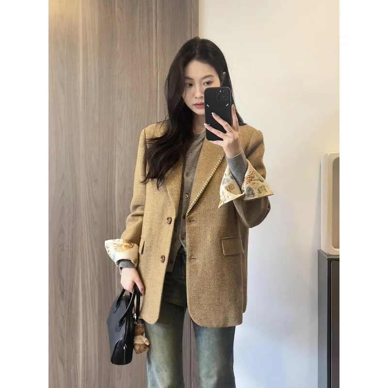 Rétro coréen kaki Tweed costume Jaet femmes ample décontracté Sle automne hiver haute qualité chaud longue Sve bouton unique E12383