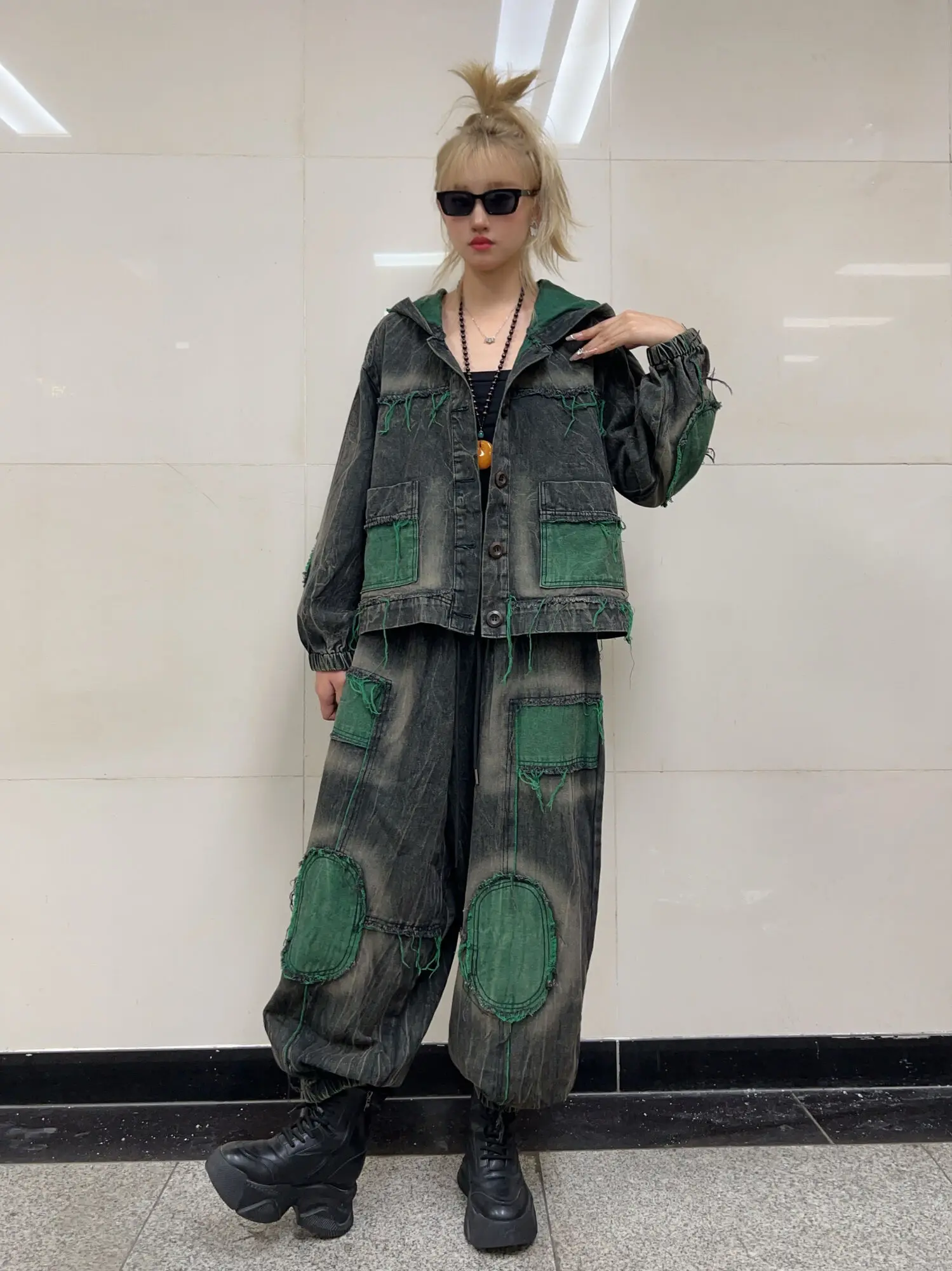 Personalized Trendy Vintage Denim Pant Set Women Contrasting Color Hooded Jacket + Harem Pants Two Piece Set Autumn ZF344