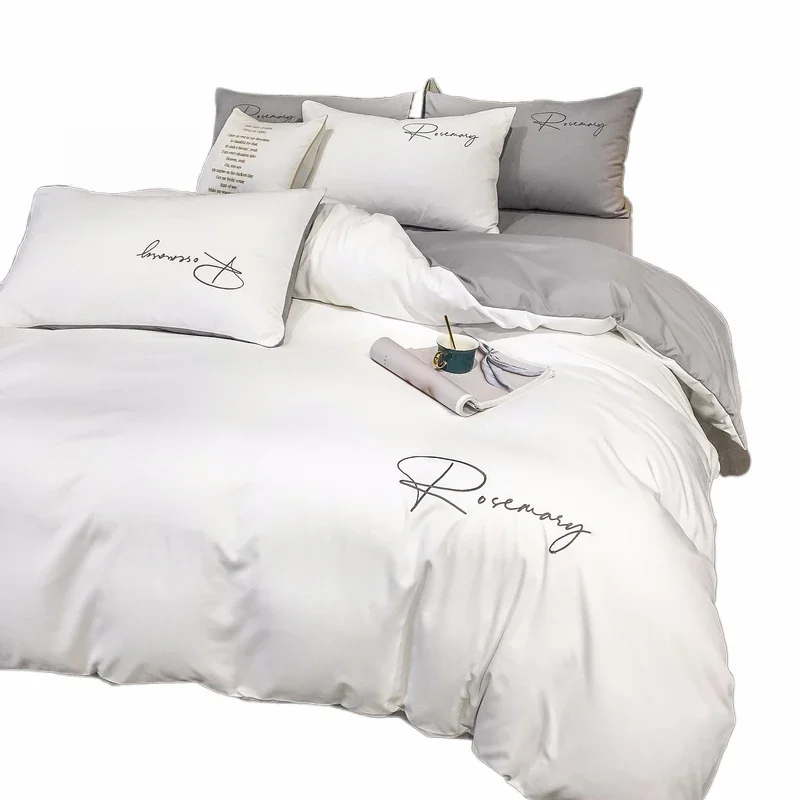 White Washed Cotton Bedding Sets Queen King Size Embroidery Duvet Cover Flat/Fitted Sheet Bed Linen Home Style Home Textiles