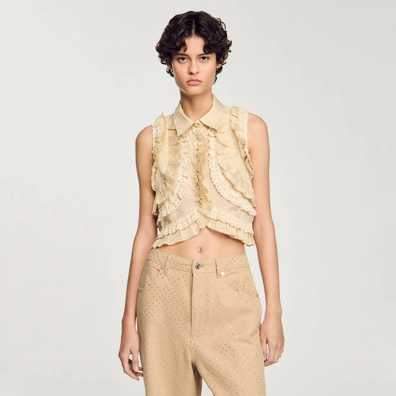 

Ele Multi-Layer Ruffle ort irt Women's Top MaSande Early Spring New Sle French Sle Pure Color Button Closure