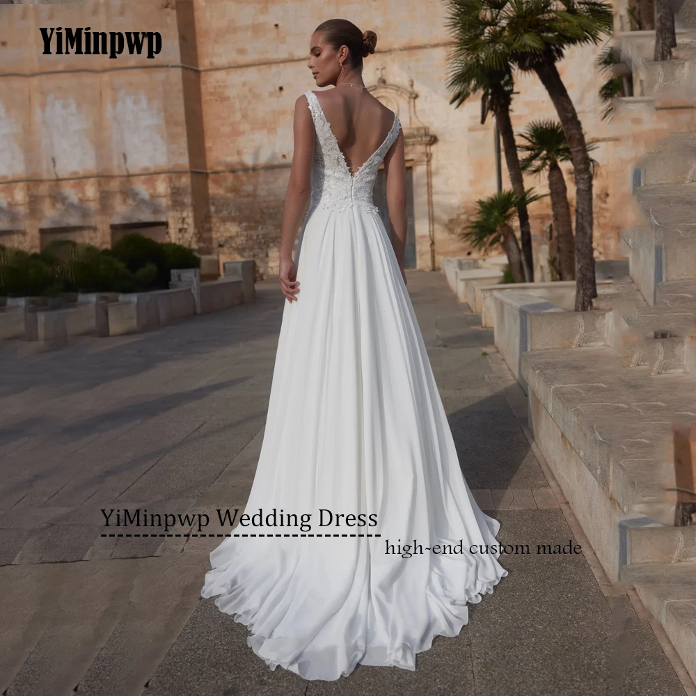 여성을위한 쉬폰 웨딩 드레스 민소매 더블 v 넥 쉬폰 백리스 우아한 레이스 신부 가운 vestidos de novia Customized