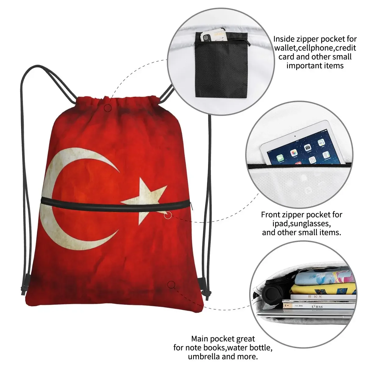 The Republic Of Turkey Flag Backpacks Drawstring Bag Multi-function Drawstring Bundle Pocket Book Bags For School Students