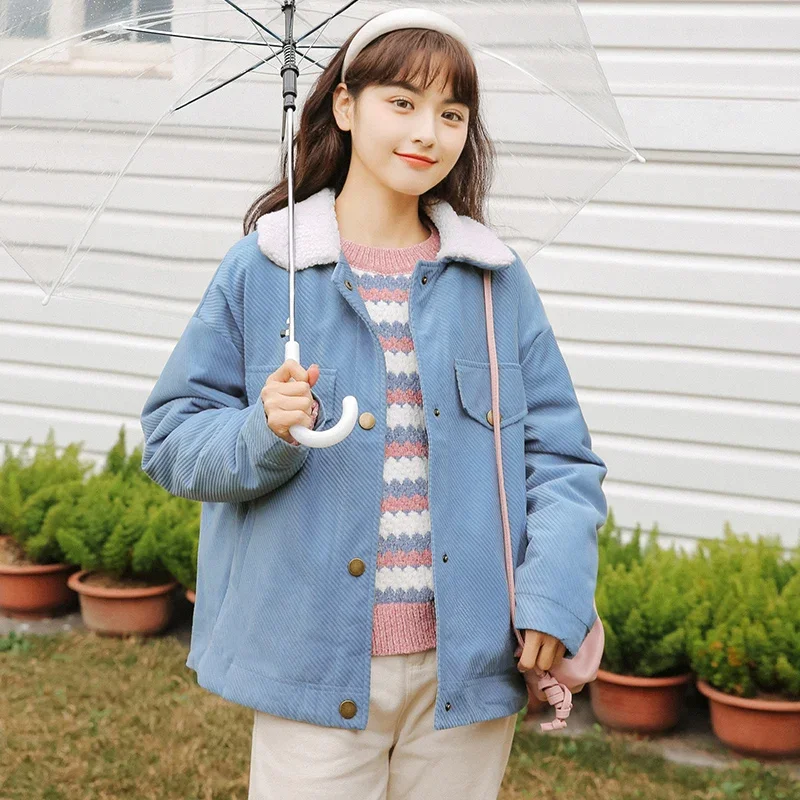 Parka da donna Velluto a coste Ulzzang Lana d'agnello Colletto rovesciato Cappotti Addensare Femme Bella Doudoune Accogliente monopetto Dolce Studenti
